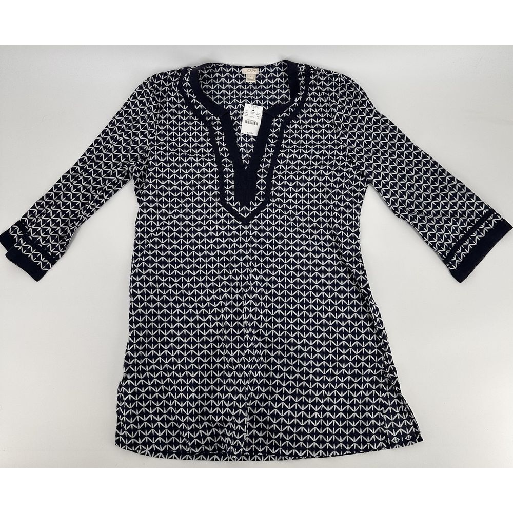 J Crew Factory Printed Poplin Tunic Sm Navy Blue White Geometric Nautical NWT